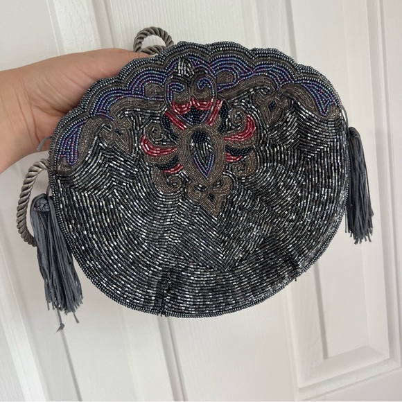 Vintage Retro Beaded Purse Bag Clutch Crossbody Shoulder bag‎ Grey Purple Tassel - Picture 10 of 14